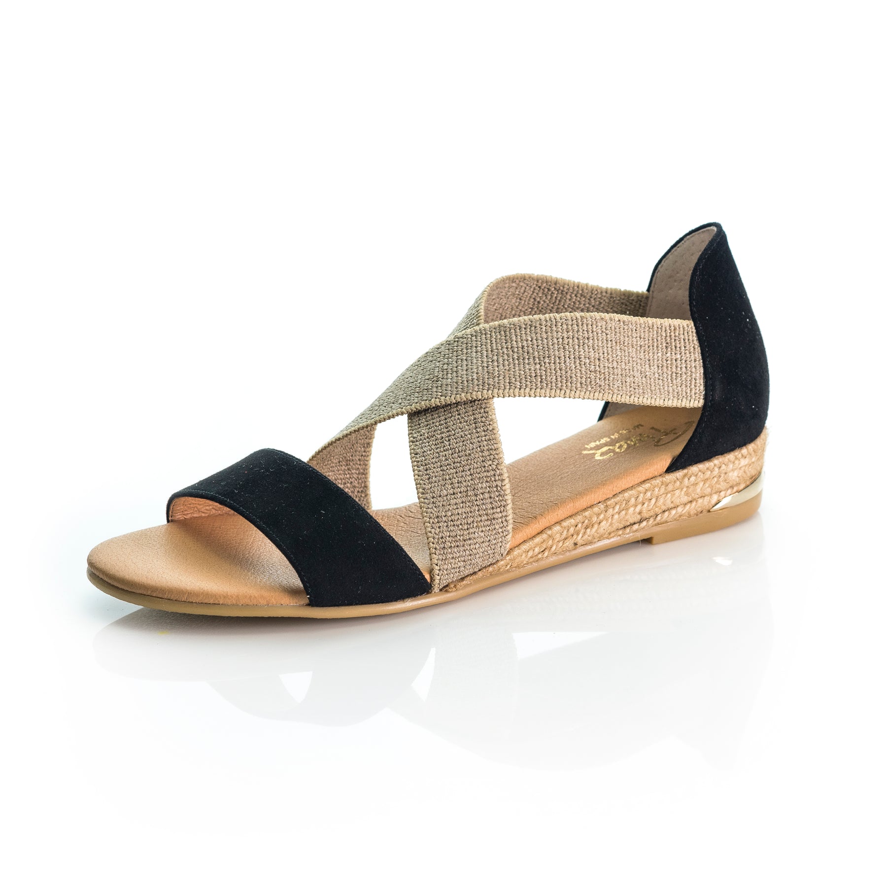 316-Flat dress sandal with heel in elasticated cross straps & rope detail sole